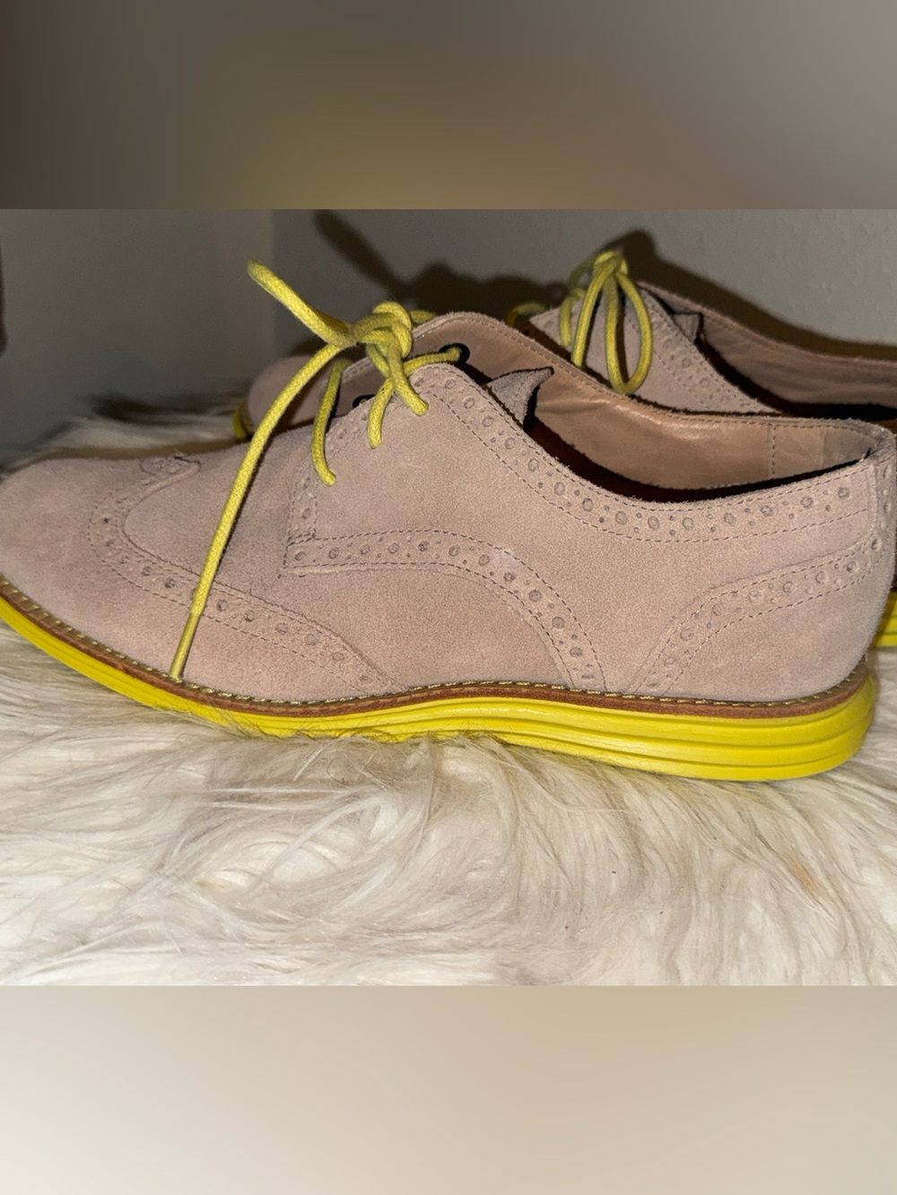 Women’s Cole Haan Suede Wingtip Oxfords finished with Yellow Soles and Laces